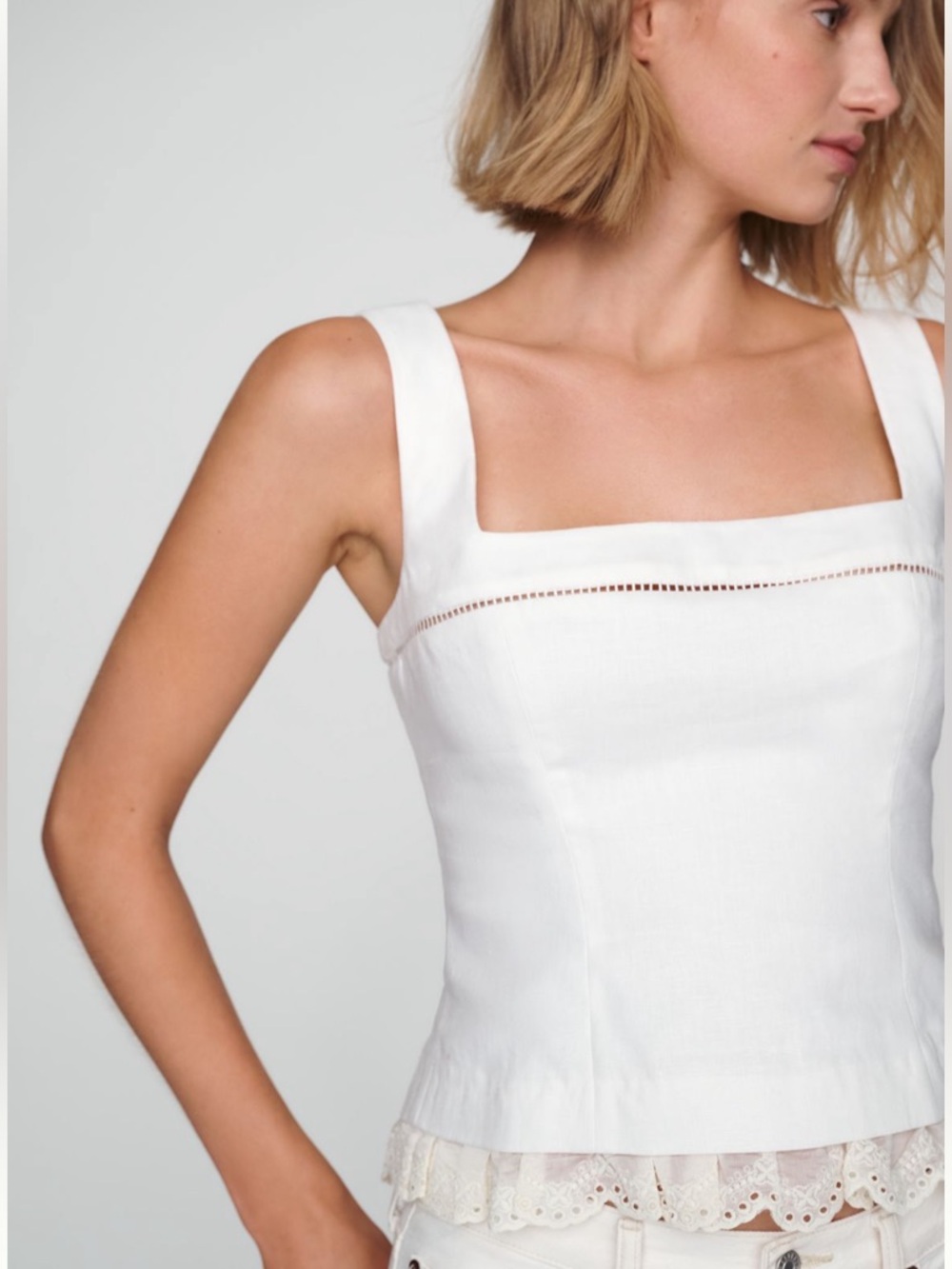 Reformation White Linen Square-Neck Camisole with Eyelet Hem